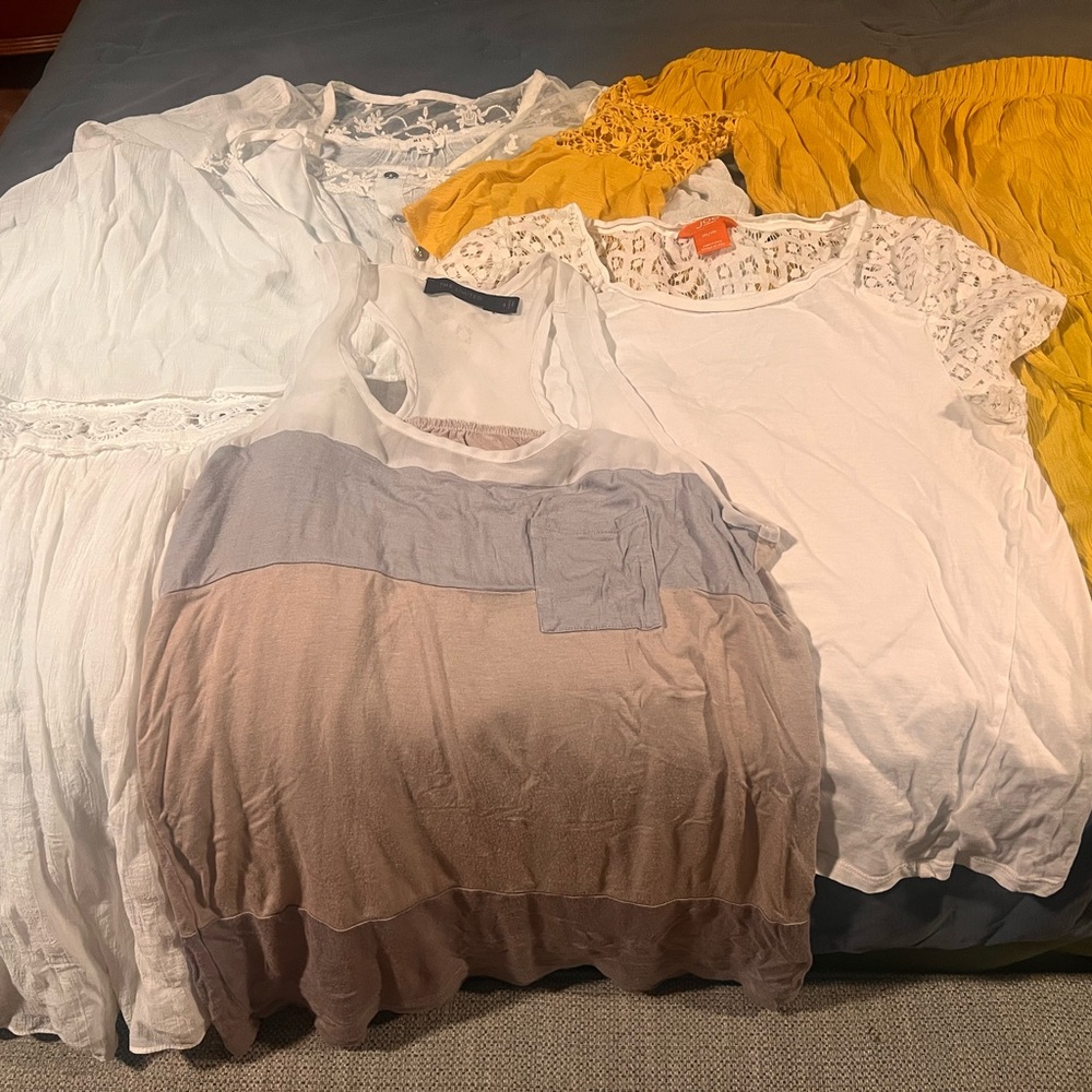 The Limited Tank, 2 blouses, summer dress, and off the shoulder romper.